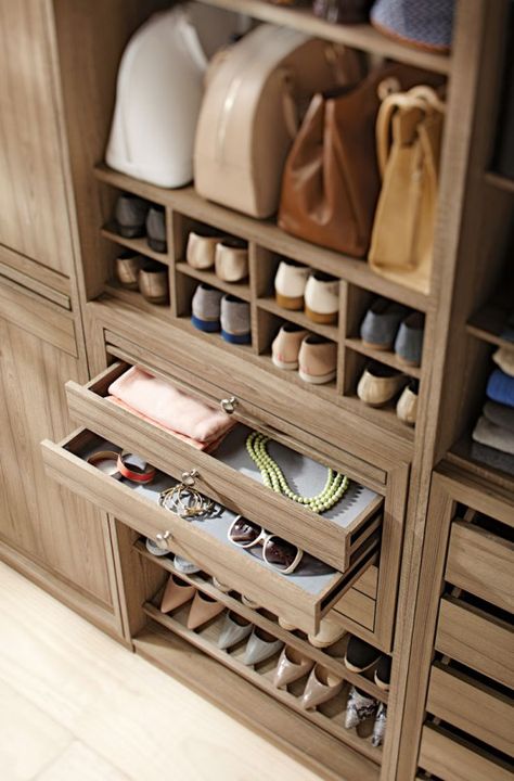 Shoes, bags and jewelry organized in one place actually is a possibility with our customizable Martha Stewart Living™ Closet Collection. #closetstorage | Dream closet Vstupná Hala, Dressing Design, Organized Closet, Walking Closet, Walk In Closet Design, Closet Collection, Bedroom Closet Design, Dream Closets, Small Closet