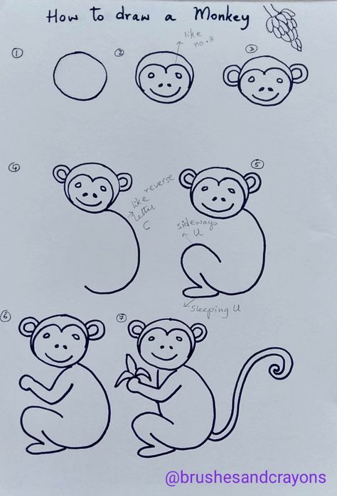 Jungle Drawing Easy With Animals, How To Draw Monkey For Kids, How To Draw A Monkey Easy, How To Draw A Monkey Step By Step, Monkey Painting Easy, How To Draw Monkey, How To Draw A Monkey, Monkey Drawing For Kids, Simple Monkey Drawing