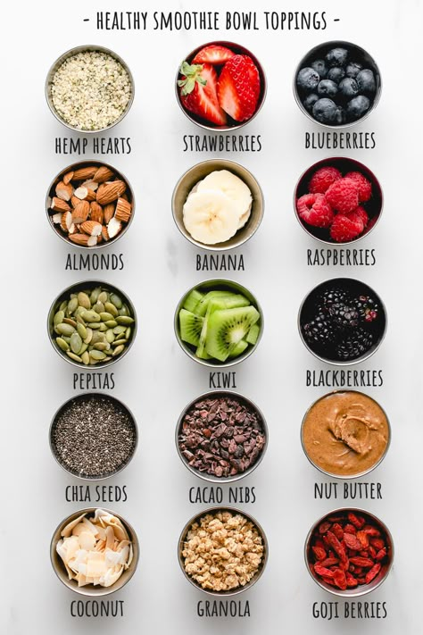 Toppings For Smoothie Bowls, Yummy Smoothie Bowl Recipes, Smoothie Bowl Toppings Ideas, Smoothies Bowl Recipe, Healthy Fruit Bowls, Smoothie Toppings, Smoothie Bowl Recipe Easy Healthy, Easy Acai Bowl Recipe, Smoothie Bowl Recipe Easy