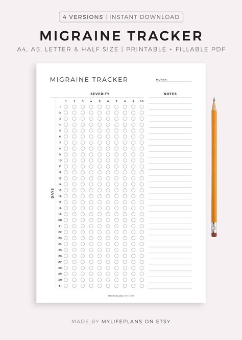 Monthly Migraine Tracker Printable Template, Headache Pain Tracker, Migraine Severity, Health Planner, A4/A5/Letter/Half, Instant Download plannergirl #studentplannerideas #plannerpeace #plannersforbusymoms. Bujo Headache Tracker, Headache Tracker Printable, Migraine Tracker Printable Free, Headache Tracker, Migraine Tracker, Daily Energy, Health Tracker, Health Planner, Hole Punches