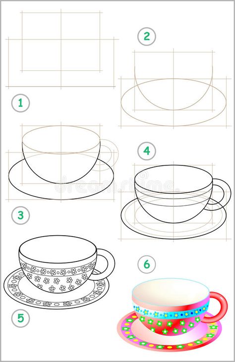 Step By Step Drawing Objects, How To Draw A Teacup, How To Draw A Tea Cup, How To Draw A Cup, How To Draw A Plate, How To Draw Objects, Step By Step Drawing For Beginners, Tea Cup Illustration, Cup Sketch