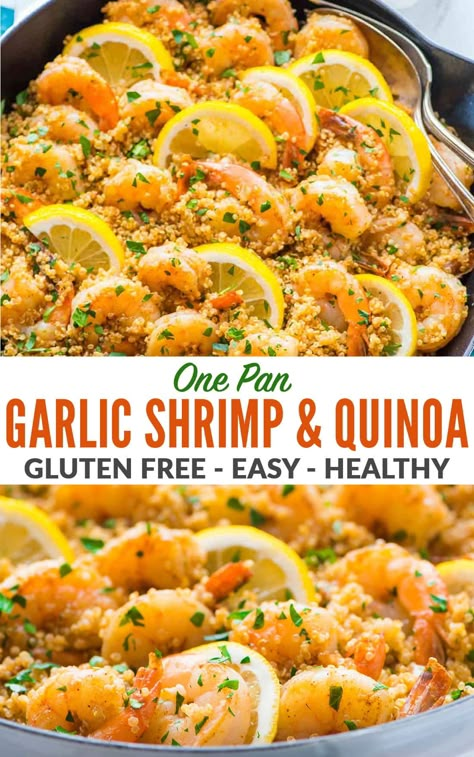 Healthy Garlic Shrimp with Quinoa—Easy, quick, and delicious! Healthy, low calorie recipe with fresh lemon and garlic. Not too spicy with lots of flavor. A one pan easy dinner that every one loves! Gluten free and perfect for busy families. #wellplated #garlicshrimp #shrimp #onepan Easy Lazy Healthy Dinner, Garlic Quinoa Recipes, One Pan Quinoa Recipes, Healthy Quinoa Recipes Low Calories, Shrimp Recipes Quinoa, Shrimp Recipes With Quinoa, Quinoa Recipes With Shrimp, Lemon Garlic Quinoa, Cooking With Quinoa