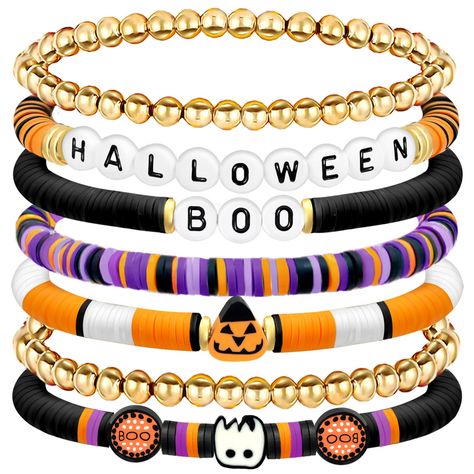 PRICES MAY VARY. Festive Charm: Elevate your Halloween look with our stackable surfer heishi bracelets, expertly crafted with preppy clay beads HOCUS POCUS SPOOKY/BOO SPOOKY/HALLOWEEN BOO that stretch to fit most wrist sizes Spooky Yet Stylish: This 7-piece set features Halloween-themed charms, perfectly blending spooky elements with fashionable accessories for any party, costume contests or cosplay event Versatile Wear: Mix and match these clay bead bracelets to complement various outfits — fro Sugar Skull Jewelry Diy, Halloween Beaded Bracelet, Bracelet Preppy, Bead Stretch Bracelets, Boho Bracelets Stack, Bracelets Stack, Heishi Bracelets, Outfits Jewelry, Sugar Skull Jewelry