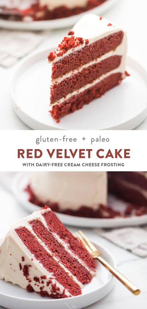 This gluten free red velvet cake is almost impossibly good, with a rich, moist cake and just the right amount of cocoa, and a tangy, dairy-free cream cheese frosting. Grain free, refined sugar free, and maybe, just maybe, actually healthy, this all (or mostly) natural paleo red velvet cake is a total showstopper. #glutenfree #cake Gluten Free Red Velvet Cake, Gluten Free Red Velvet, Dairy Free Cream Cheese Frosting, Dairy Free Frosting, Paleo Cake, Dairy Free Cream Cheese, Pan Sin Gluten, Sugar Free Cake, Paleo Recipes Dessert