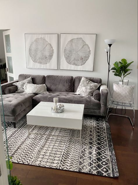 Silver Couch Living Room Decor, Silver Couch Living Room, Living Room Ideas Small Spaces, White And Grey Living Room, Room Ideas Small Spaces, Grey Living Room Ideas, Apartments Ideas, Black Apartment, Small Apartment Decorating Living Room