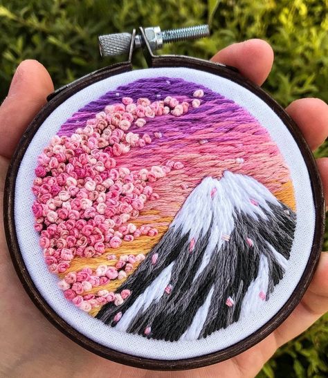 Handmade Embroidered Art, made with love from Denmark. – naturesfae Small Embroidery, Diy Embroidery Patterns, Chinese Landscape, Embroidered Art, Hand Embroidery Projects, Mt Fuji, Creative Embroidery, Handwork Embroidery Design, Simple Embroidery