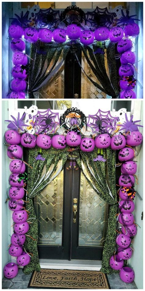 DIY Plastic Pumpkin Arch Entry Way ~ You will need as many plastic pumpkin pails as wide as your entry way is. Diy Halloween Party Decorations, Halloween House Party Decorations, Cheap Diy Halloween, Adult Halloween Party Decorations, Cheap Halloween Diy, Diy Halloween Dekoration, Diy Halloween Party, Cheap Diy Halloween Decorations, Scary Halloween Decorations Outdoor