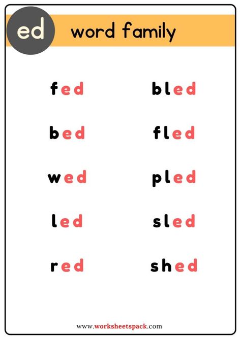 Ed Word Family, Word Families Free, Word Family Books, Word Family List, Speaking Cards, Word Family Activities, Letter Blends, Word Family Worksheets, Family Worksheet