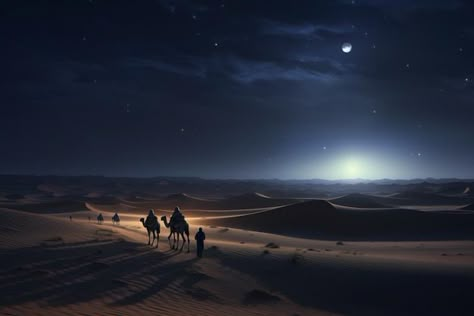 Photo the empty quarter desert at night ... | Premium Photo #Freepik #photo #bedouin #camel-desert #camel #camel-silhouette Desert Night Aesthetic, Camel Silhouette, Dessert Landscaping, Desert At Night, Camels Desert, Rann Of Kutch, Ancient Scroll, Desert Night, Desert Aesthetic