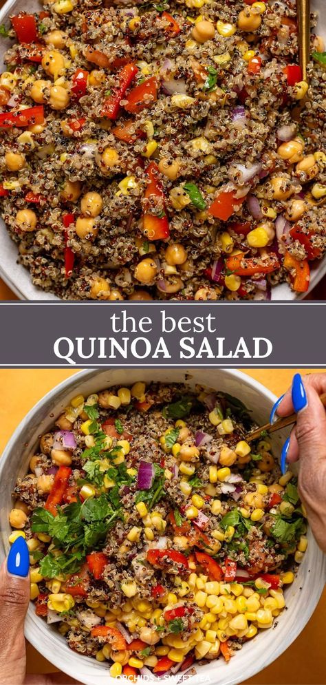 Delight your taste buds with My Fave Quinoa Salad recipe, packed with a colorful medley of protein-packed chickpeas, juicy grape tomatoes, sweet corn kernels for a pop of sweetness, crisp bell peppers adding a refreshing crunch! Tossed in a simple lemon olive oil dressing, it's such a flavorful side or main dish that is perfect for any time of the year! Make Ahead + Meat Add-In Option. | make ahead quinoa salad recipes | quinoa salad recipes cold make ahead | vegan quinoa salad recipes cold Fruity Quinoa Salad, Easy Vegan Packed Lunch, Cold Quinoa Salad Recipes, Italian Quinoa Salad, Quinoa Peas, Quinoa Salad Recipes Cold, Lemon Olive Oil Dressing, Red Quinoa Salad, Vegan Quinoa Salad Recipes