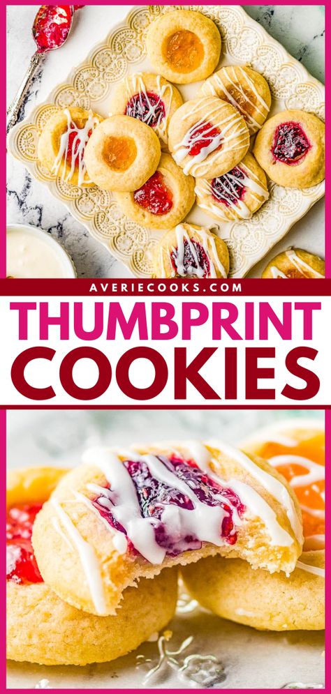 Classic Jam Thumbprint Cookies - Averie Cooks Easy Thumbprint Cookies, Thumbprint Cookies Easy, Jam Thumbprint Cookies, Holiday Baking List, Cookie Exchange Recipes, Averie Cooks, Thumbprint Cookies Recipe, Hot Chocolate Cookies, Jam Cookies