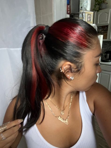 skunk strip red hair inspo Black Hair With Red Skunk Stripe, Single Skunk Stripe Hair, Skunk Stripe Hair Middle Part, Side Skunk Stripe Hair, Dark Red Skunk Stripe Hair, Skunk Stripe Hair Red, Sunk Stripe, Red Strips In Hair, Skunk Stripe Straight Hair