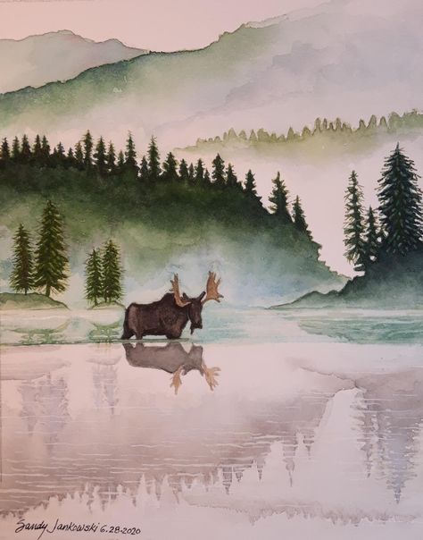 Moose Painting, Watercolor Art Landscape, Diy Watercolor Painting, Watercolor Mountains, Landscape Art Painting, Watercolor Painting Techniques, Watercolor Flower Art, Watercolor Landscape Paintings, Watercolor Paintings Tutorials