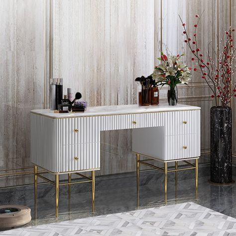 Black/White Makeup Vanity Table Faux Marble Dressing Table with Drawers Gold Stainless Steel Marble Dressing Table, Vanities Design, Interior Decor Aesthetic, Black Makeup Vanity, Makeup Vanity With Drawers, Dressing Table Modern, Black And White Makeup, White Makeup Vanity, Dressing Table With Drawers