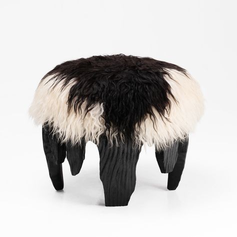 A tactile piece of domestic fantasy, the El Topo ottoman is a social object, featuring a carved Acacia base, burnt using the traditional method of Shou Sugi Ban and an animalistic yet luxuriously soft, mottled monochrome Icelandic sheepskin top.Odditi pieces are handmade to order, unless listed as in stock. PRODUCT DETAILS Dimensions: Diameter 60cm x Height 40 cm LEAD TIME Made to order: 8-10 weeks SHIPPING Free delivery within Australia – Limited time offer International shipping available. Con Sheepskin Ottoman, Cow Skin Ottoman, Sheepskin Footstool, Black Fur Ottoman, Fur Stool, Country Table, Ottoman Decor, Shou Sugi Ban, Interiors Magazine