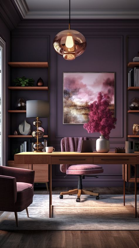 Moody Office Women, Deep Purple Office, Moody Purple Office, Moody Glam Office, Home Office Purple, Office Interior Design Colorful, Fancy Office Ideas, Feminine Home Library, Moody Feminine Office