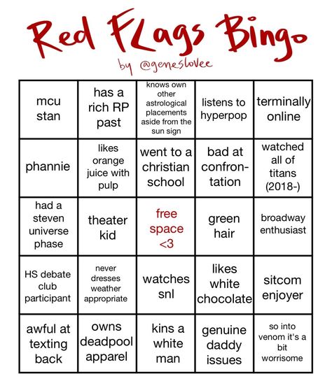 does tumblr do bingo cards? i feel like they're easier to fill out on twitter go ham on this though edit: omg these r all my red flags u guys... i made this making fun of myself but obvs i like all...#Tumblr #Tiktok_Fill_In_Template #Red_Flag_Bingo #Bottom_Bingo_Template Tiktok Fill In Template, Bottom Bingo Template, My Type Bingo, Tiktok Templates To Fill Out, Red Flag Bingo, Oc Bingo, Personality Bingo, Tiktok Templates, Kin Bingo