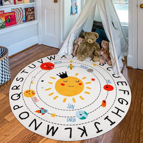 LTKOUGFAM ABC Kids Rug,4 ft Washable Nursery Rug,Soft Plush Educational Circle Rug,Non-Slip Solar System Alphabet Rug for Classroom playroom Bedroom Kids Room Decor Toddler Bedroom Playroom, Nursery Area Rug, Alphabet Nursery, Kids Area Rugs, Playroom Rug, Play Rug, Nursery Rug, Alphabet For Kids, Circle Rug