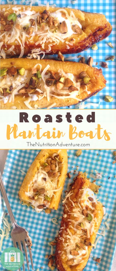 A simple, yet fun and unusual treat you can be creative with! These Roasted Plantain Boats are filled with Greek yogurt, shredded coconut, and pistachios for a satisfyingly sweet and healthy way to end a meal. Plantain Boats, Plantain And Ice Cream, Sweet Plantain Boats, Stuffed Sweet Plantain Recipes, Plantain Nachos Whole 30, Roasted Plantains, Dessert Fruit, Summer Sweets, Vegan Cafe