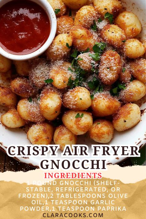 Crispy Air Fryer Gnocchi Vegetarian Recipes For Air Fryer, Gnocchi In Air Fryer, Arancini Recipe Air Fryer, Air Fried Appetizers, Gnocchi Appetizer Recipes, Air Fryer Gnocchi Recipes, Air Fryer Appetizer Recipes, Air Fryer Gnocchi, Air Fryer Side Dishes