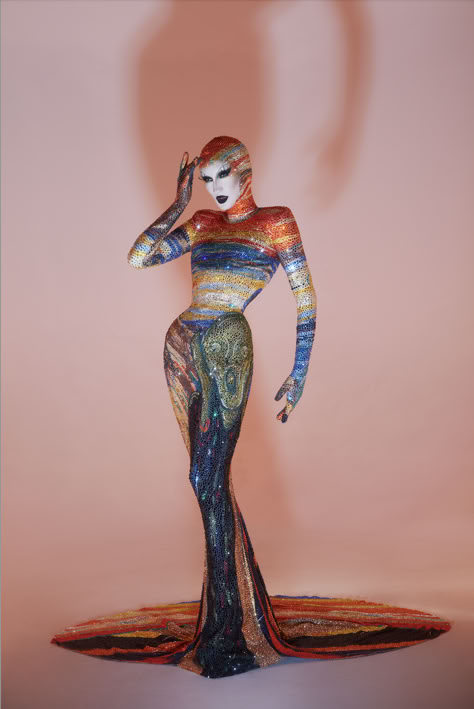 During the last episode of Drag Race All Stars, Gottmik’s look, inspired by Edvard Munch’s The Scream, left us all gagged. We speak to the man behind the crystals, the one and only Disco Daddy. Gottmik All Stars 9, Gottmik Drag, Drag Photoshoot, Drag Queen Aesthetic, Drag Looks, Monochrome Photoshoot, Drag Aesthetic, Drag Fashion, Ethereal Gowns