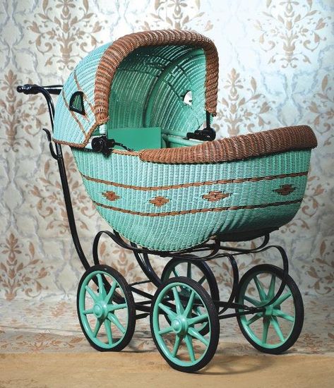 249: GREEN AND BROWN WICKER DOLL CARRIAGE. 33" H. x : Lot 249 Doll Pram, Doll Stroller, Vintage Pram, Baby Buggy, Pram Stroller, Dolls Prams, Baby Prams, Baby Carriage, Vintage Wicker