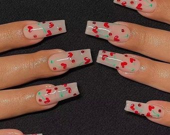 Fake Nails Long, Home Nail Salon, Long Press On Nails, Cherry Nails, Coffin Press On Nails, Fake Nails With Glue, Nails For Women, Handmade Valentine, Nails Long