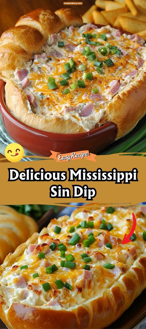 Get ready to sin deliciously with Mississippi Sin Dip, a decadent, cheesy dip with ham, cheddar, and spices, all hollowed into a loaf of bread and baked until golden and bubbly. It's sinfully good and perfect for dipping during game days or any gathering where you want to impress your guests. #SinDip #CheesyDip #PartySnack Appetizers Dips For Party Easy, Hot Ham Dip Recipe, Mississippi Dip Recipe, Spam Dip Recipes, Sheet Pan Dips, Hot Ham And Cheese Dip, Southern Dips And Appetizers, Hawaiian Bread Dip, Mississippi Dip