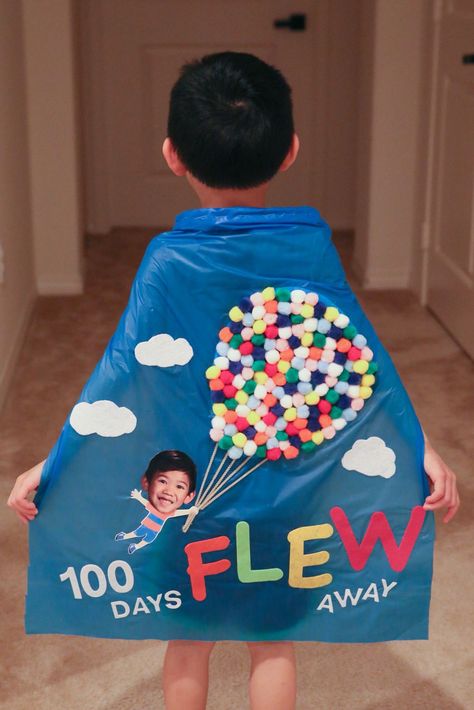 From Up, Up & Away. 100 Days of School Cape made from Pom poms & felt. 100 Days Of School Ideas, 100 Days Of School Project Kindergartens, 100 Day Project Ideas, 100 Day Shirt Ideas, 100days Of School Shirt, 100 Días De Clases, Kindergarten Outfit, 100th Day Of School Crafts, Planning School