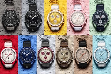 Swatch x Omega Bioceramic Moonswatch Collection ready for your mission to space - Yanko Design Watch Collection Display, Moon Swatch, Swatch X Omega, Omega Moonwatch, Watch Outfit, Swatch Store, Swatch Women, Omega X Swatch, Omega Speedmaster Moonwatch