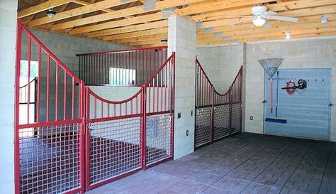 apartment over barn plans | Stable Interior with concrete block and red stall equipment. Stable Interior, Equine Stables, Bo Duke, House Plan Design, Barn With Living Quarters, Horse Farm Ideas, Shelter Ideas, Stable Ideas, Barn Apartment