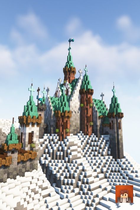 This is a castle on a snowy mountain I built some time ago in creative. #Minecraft #MinecraftBuilds #MinecraftCastle #minecraftbuildingideas Minecraft Mountain Castle, Castle On A Mountain, Minecraft Building Designs, Minecraft Mountain, Snow Castle, Minecraft Castle, Minecraft Medieval, Minecraft Inspo, Snowy Mountain