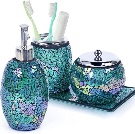 Amazon.com: Mosaic Style Bathroom Accessories Set - Glass Soap Dispenser, Toothbrush Holder, Cotton Swab Jars, and Vanity Tray - Bathroom Decor : Home & Kitchen Bathroom Timeless, Peacock Bathroom, Vintage Bathroom Accessories, Green Bathroom Accessories, Glass Bathroom Accessories, Glass Soap Dispenser, Bathroom Accessories Set, Mosaic Bathroom, Bathroom Decor Sets