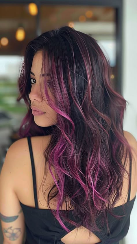 Dark Hair Colour Ideas Highlights, Dark And Pink Hair, Dark Pink Highlights In Brown Hair, Colored Hair Strands, Pink Hair Highlights Brunette, Dark Hair With Pink Highlights, Dark Hair With Pink, Hot Pink Peekaboo Hair, Pink Streaks In Brown Hair