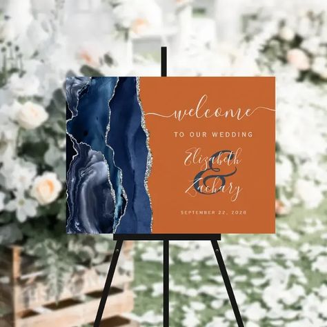 Navy Blue Silver Burnt Orange Wedding Welcome Foam Board Modern Wedding Welcome Sign, Blue Silver Weddings, Pale Blue Wedding, Blue Gold Wedding, Handwriting Calligraphy, Elegant Modern Wedding, Marble Wedding, Dark Wedding, Teal Wedding