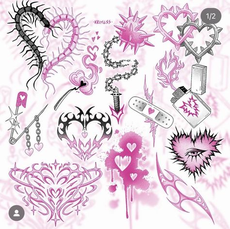 Pink Goth Tattoo, Y2k Tattoo Flash Sheet, All Pink Tattoo, Ashnikko Tattoo Ideas, Pink And Black Tattoo Ideas, Yandere Tattoo, Pastel Goth Tattoo Ideas, Blackpink Tattoo Ideas, Heart Tattoo Sleeve