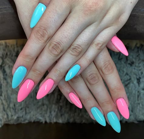 Turquoise Pink Nails, Summer Nails Blue And Pink, Neon Pink And Blue Nails, Pink Turquoise Nails, Turquoise And Pink Nails, Pink And Turquoise Nails, Pink And Blue Nails, Pink Blue Nails, Tiffany Blue Nails