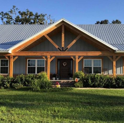 Front Porch Truss Ideas, Hip Roof With Gable Front Porch, Simple Roof Design Ideas, Peaked Porch Roof, Gable Roof House Exterior, Low Pitch Roof Porch Addition, Exposed Porch Rafters, Front Gable Ideas, Exposed Beam Front Porch