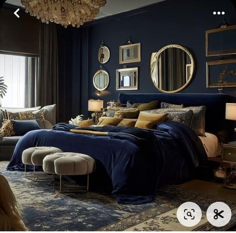 Moody Maximalist Bohemian cozy Home Decor ( Share your Decor Idea ) | Can anyone help me find this color I’m on my 5th room painting and it’s the day after Mardi Gras I’m exhausted trying to find it | Facebook Blue And Gold Interior, Moroccan Style Living Room, 2024 Home Decor Trends, Maximalist Bohemian, Moody Maximalist, Vogue Decor, Dark Blue Rooms, Blue And Gold Bedroom, 2024 Home Decor