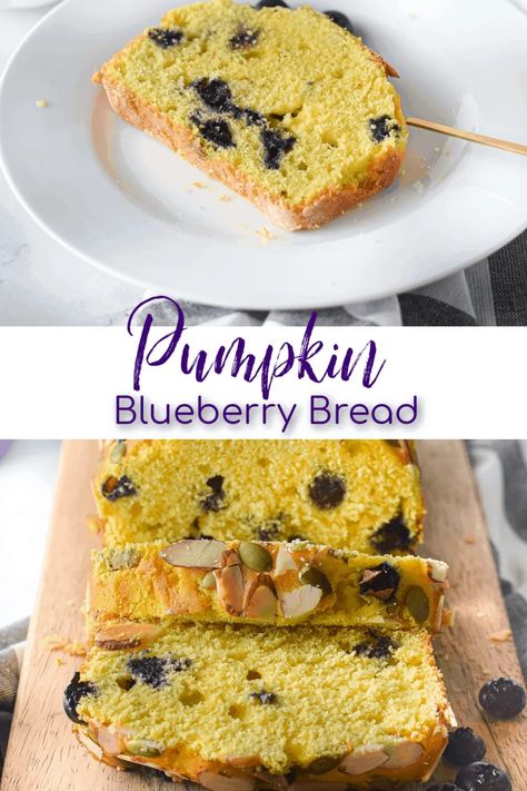 This scrumptious Pumpkin Blueberry Bread recipe combines a classic, soft, and moist pumpkin bread with the deliciousness of plump and juicy blueberries. Top with pepitas and sliced almonds for the perfect finishing touch. #pumpkinbread #pumpkinblueberry See this and other delicious recipes at TheSeasideBaker.com Pumpkin Blueberry Bread, Blueberry Pumpkin Bread, Pumpkin Blueberry Muffins, Pumpkin Blueberry, Pumpkin Bread Muffins, Blueberry Pumpkin, Fresh Pumpkin Recipes, Blueberry Bread Recipe, Snacking Cake