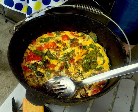 Dutch Oven Breakfast Frittata We had the very tasty privilege of hanging out with the Valley Forge Black Pots at the Hamburg Cabela’s store during last week’s Camping Classic event. We … Dutch Oven Breakfast, Recipe Dutch Oven, Fritata Recipe, Oven Breakfast, Rv Recipes, Breakfast Frittata, Best Dutch Oven, Recipes Brunch, Dutch Oven Cooking