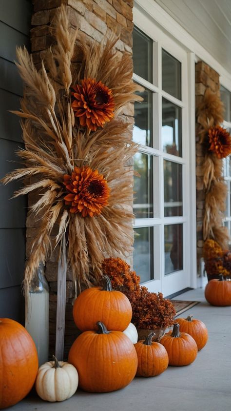 Discover the best fall decor ideas for the home with these simple DIY projects Make your farmhouse cozy and rustic with outdoor decorations Spruce up your kitchen bedroom and mantle with budget-friendly Dollar Store finds Easy cheap and chic inspiration for 2024 Fall Decor For Outside Yards, Easy Fall Outdoor Decorations Diy, November Outdoor Decor, Thanksgiving Decorations For Home Porch, Haystack Decorations Fall, Diy Outdoor Fall Decor Ideas, Thanksgiving Porch Ideas, Thanksgiving Porch Decor, Fall Porch Ideas 2024