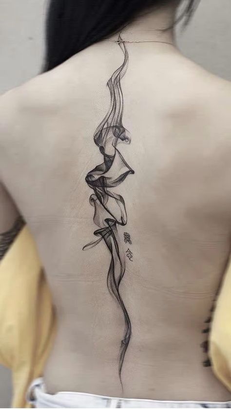 Earth Back Tattoo, Tattoo For Back Women, Smokey Abstract Tattoo, Smokey Dragon Tattoo, Back Tattoos Women Spine, Smokey Drawing, Back Women Tattoo, Abstract Tattoo Back, Tattoo On Back For Women