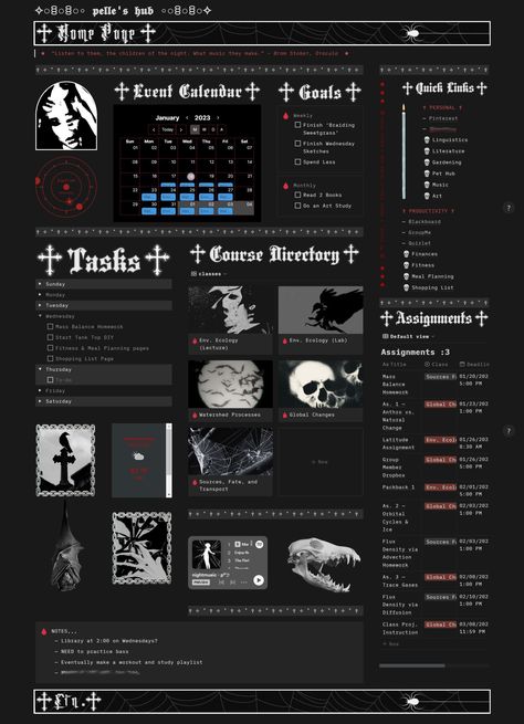 Notion Template Dark Goth Aesthetic - Academi Dark Goth Aesthetic, Notion Workspace, Aesthetic Notion Template, Life Planner Organization, Aesthetic Notion, Blog Website Design, School Template, Notion Templates, Templates Free Design