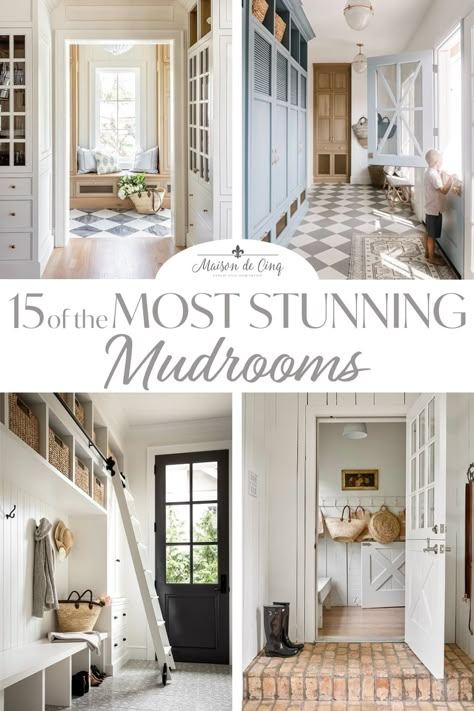 15 Gorgeous Laundry Room & Mudroom Ideas Pool Mudroom Entryway, Mudroom Laundry Room Half Bath Ideas, Mud Room Laundry Room Flooring, French Modern Laundry Room, Farmhouse Mudroom Flooring, Cool Laundry Room Floors, French Farmhouse Mudroom, French Country Mudroom Entryway, Mudroom Tiles Ideas