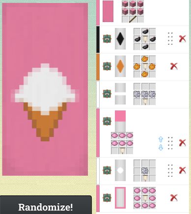 Ice Cream Machine Minecraft, Minecraft Flag Design Pink, Ice Cream Truck Minecraft, Minecraft Ice Cream Machine, Ice Cream Banner Minecraft, Ice Cream Minecraft Build, Minecraft Ice Cream Stand, Minecraft Banner Designs Food, Banner Design Minecraft Step By Step