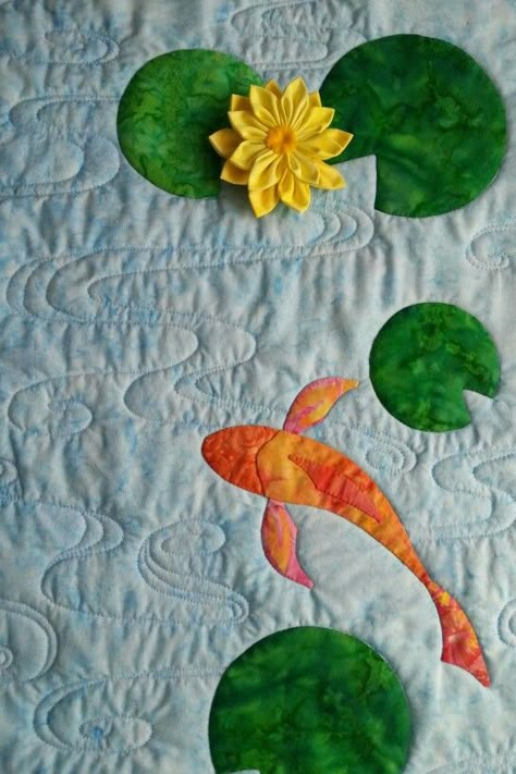 Koi Fish Quilt Pattern, Cool Quilts, Koi Quilt, Koi Fish Quilts, Water Lily Quilt, Lily Pad Quilt Pattern, Lily Pad Pattern, Koi Pond Quilt, Embroidery Fish