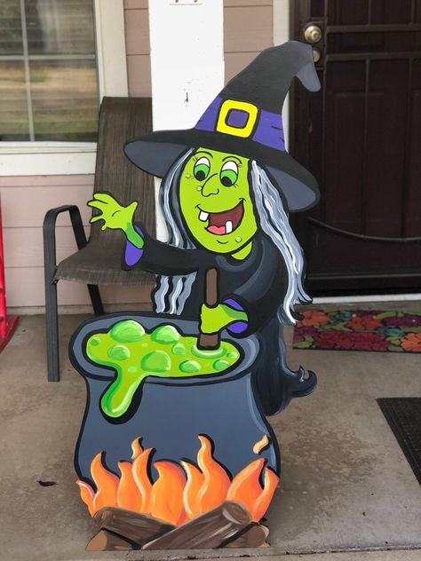 Witch Cutout, Witch Display, Life Size Witch, Witch And Cauldron, House Paints, Halloween Cut Outs, Halloween Yard Art, Halloween Wood Crafts, Cricket Ideas