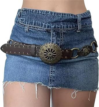 Alyweatry Women Boho Wide Disc Concho Leather Belt Aesthetic Grunge Western Waist Belt Y2k Vintage Accessories Brown Belt Aesthetic, Belts Aesthetic, Hip Hop Fashion 90s, Cottage Vintage, Ring Der O, Trendy Summer Outfits, Belt Style, Aesthetic Look, Streetwear Y2k