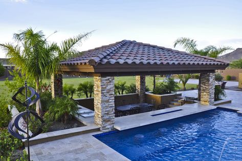 Pool Entertainment Area Layout, Backyard Entertainment Space, Bar In Backyard, Outdoor Ramada, Pool Ramada, Pool Shelter, Rustic Chic Home Decor, Rustic Chic Home, Line Landscape